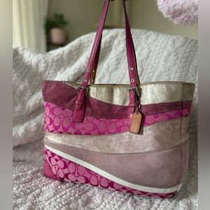 Rare Vintage Coach Pink Wave Limited Edition Patchwork Suede Large Gallery Tote